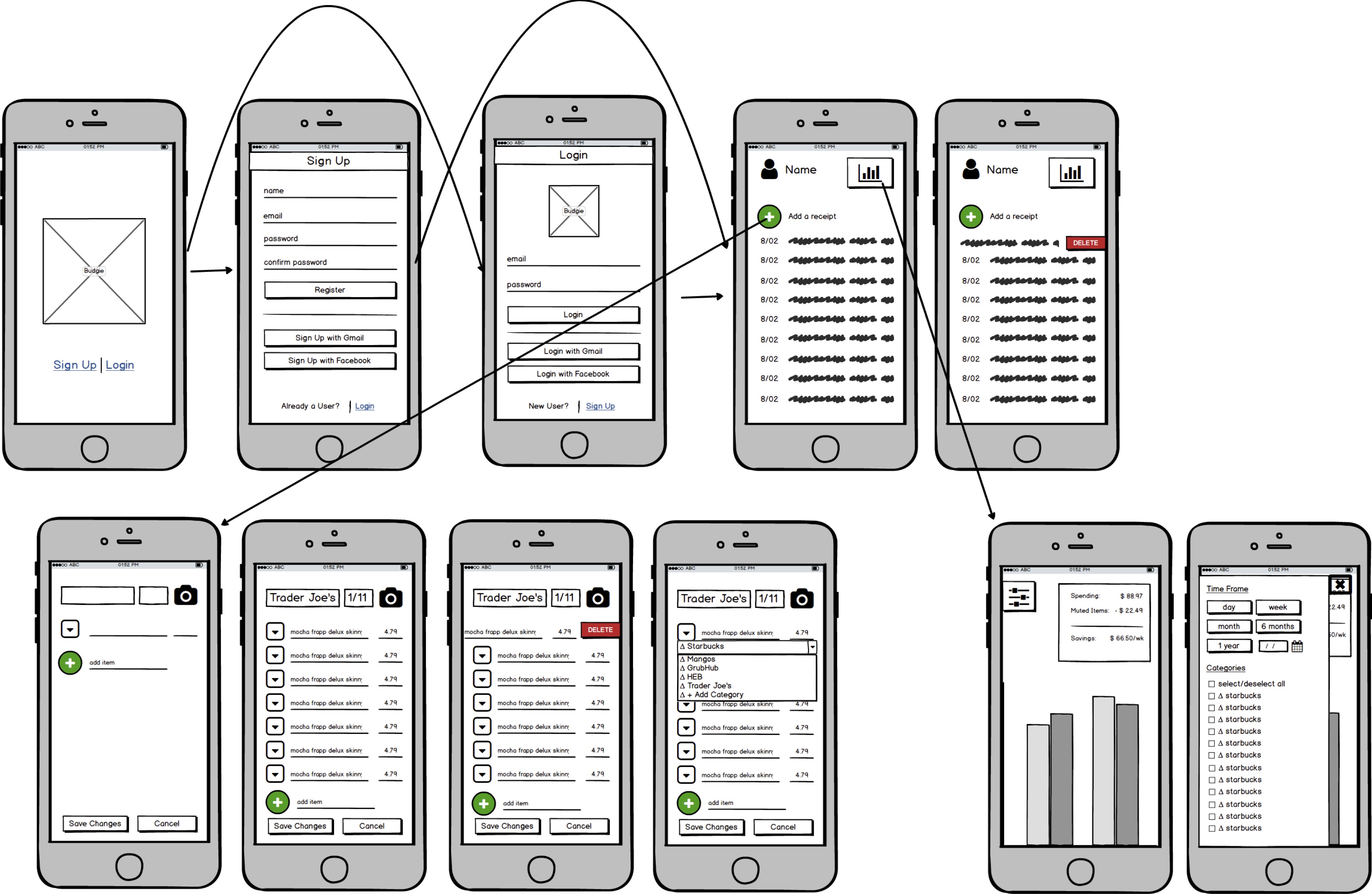 wireframes for Budgie application